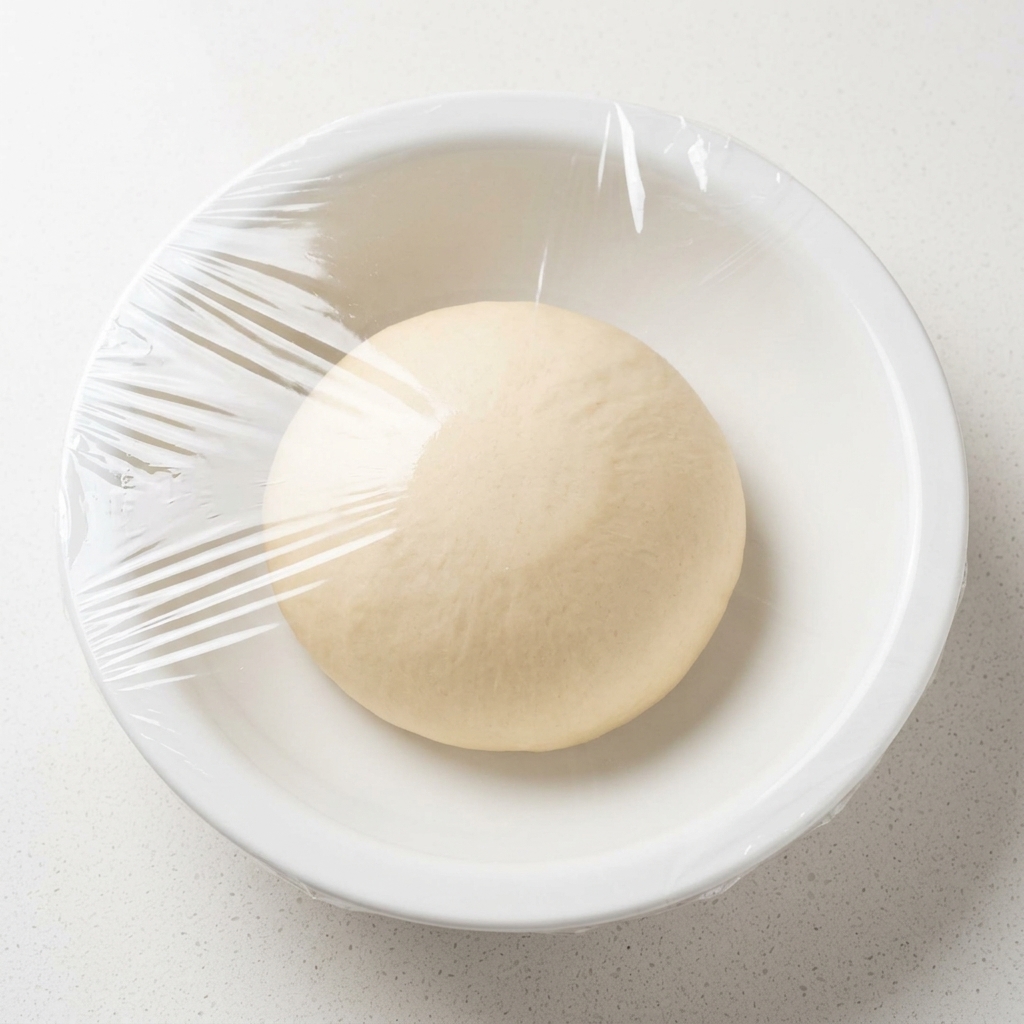 Bola de masa en un bol cubierta con plástico de cocina.