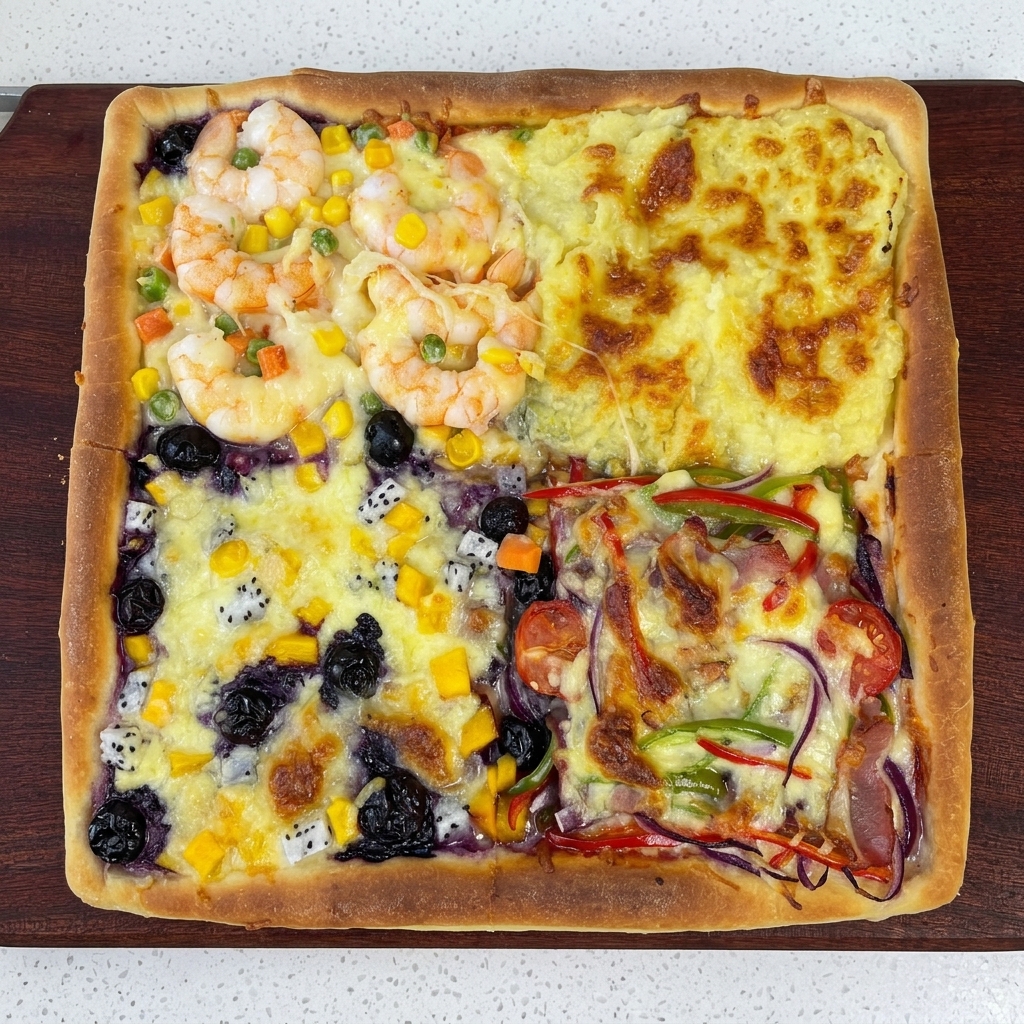 Disponiendo frutas picadas en un sector de la pizza.