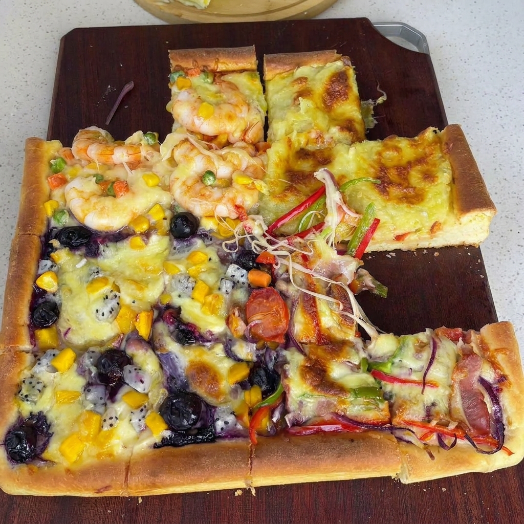 Espolvoreando queso adicional sobre la pizza armada antes de hornear.