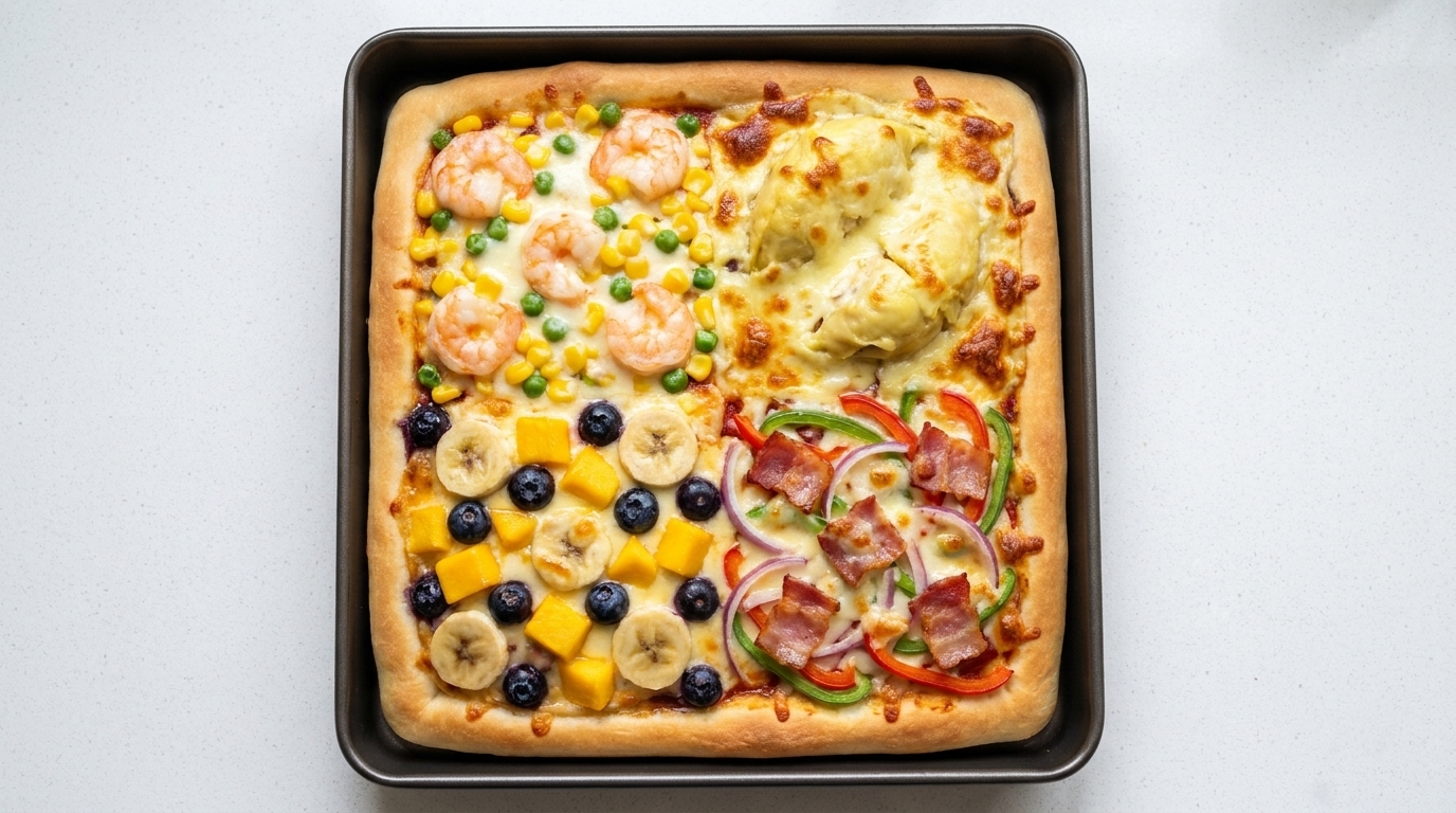 Pizza de Cuatro Sabores (Camarones, Durian, Frutas Mixtas y Tocino)