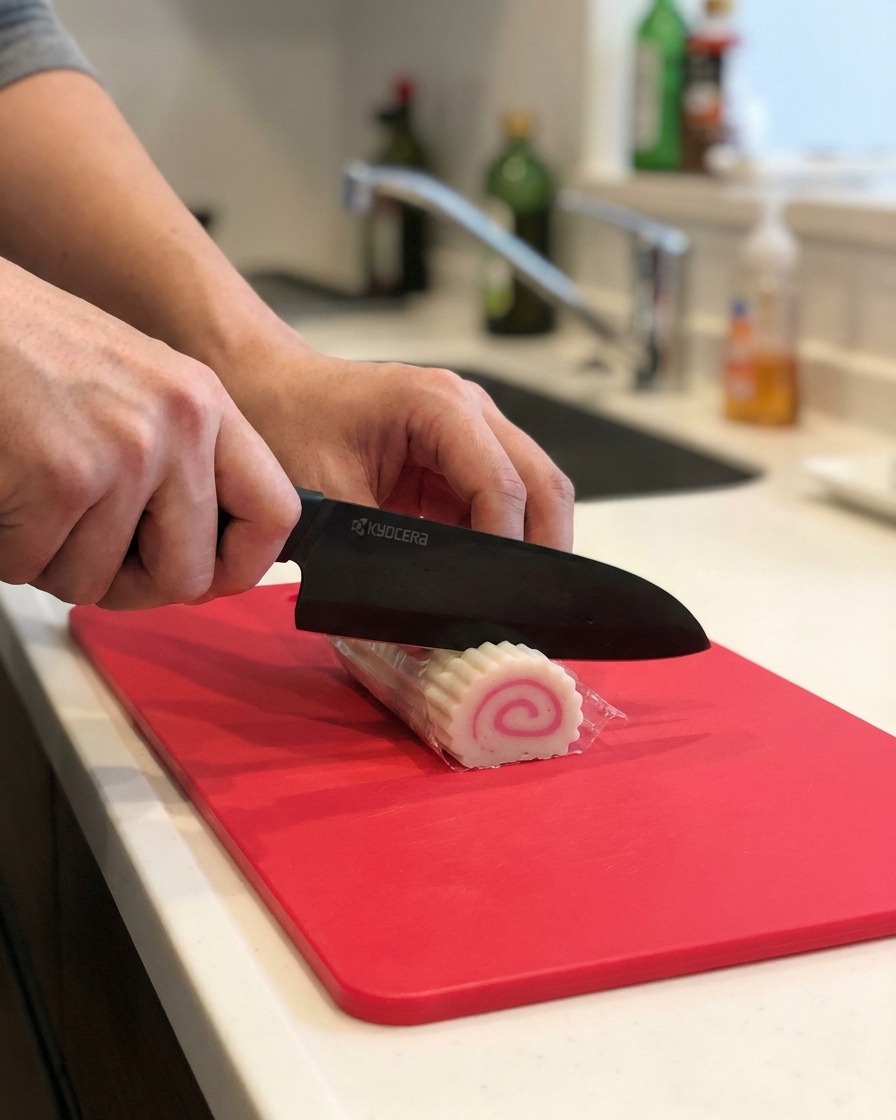 Una persona cortando un pastel de pescado narutomaki en rodajas finas sobre una tabla roja.
