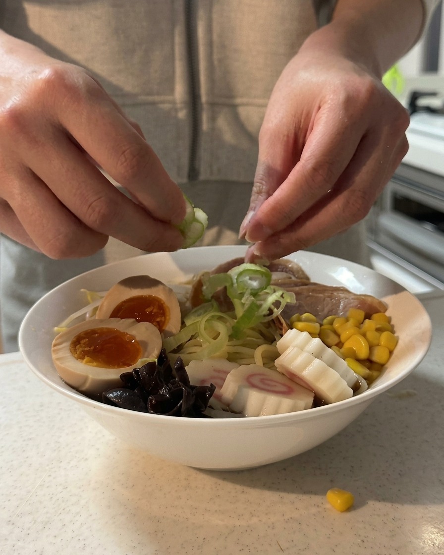 Manos esparciendo cebollino sobre un tazón de ramen.