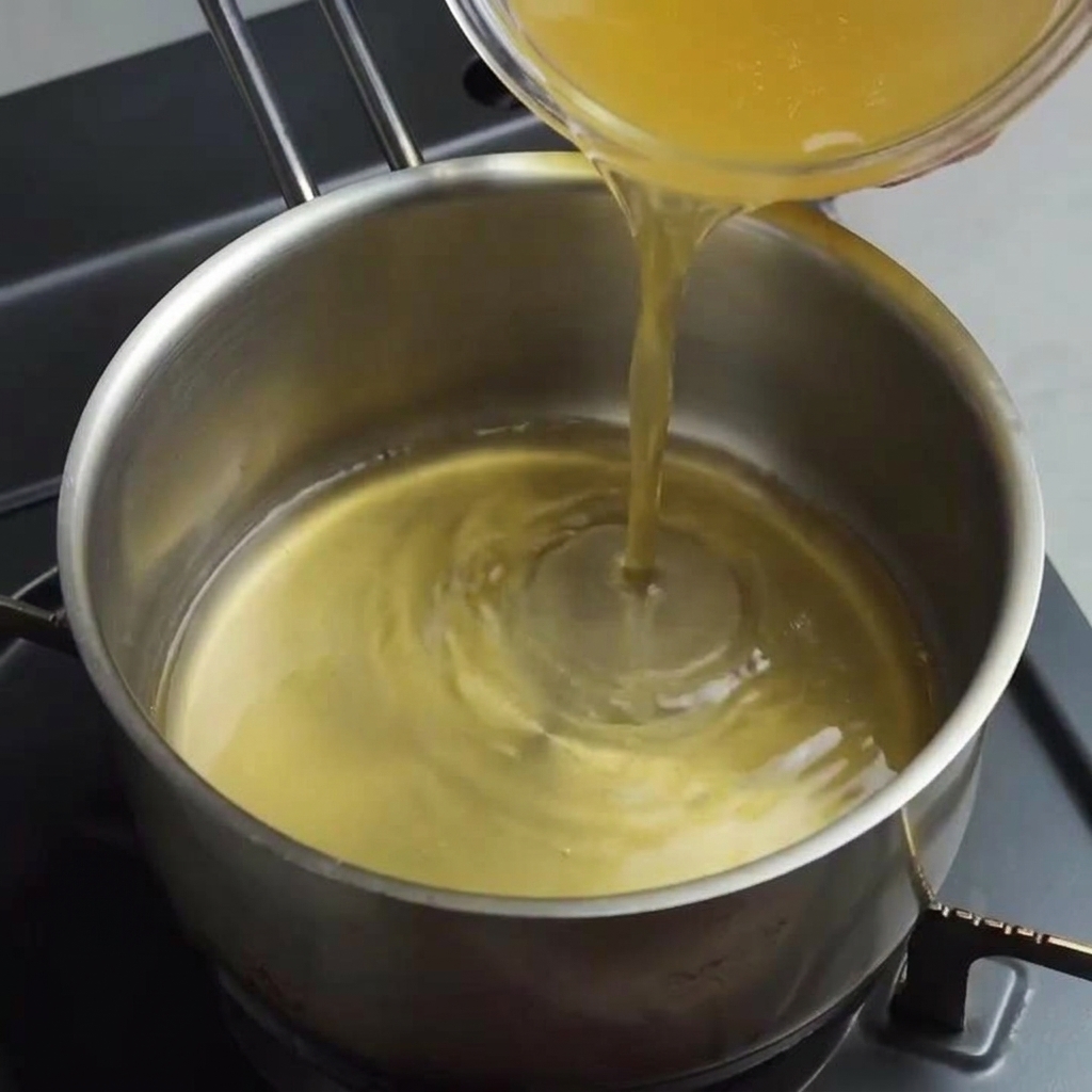 Caldo de pollo claro vertido desde un bol de cristal a un cazo de acero inoxidable.
