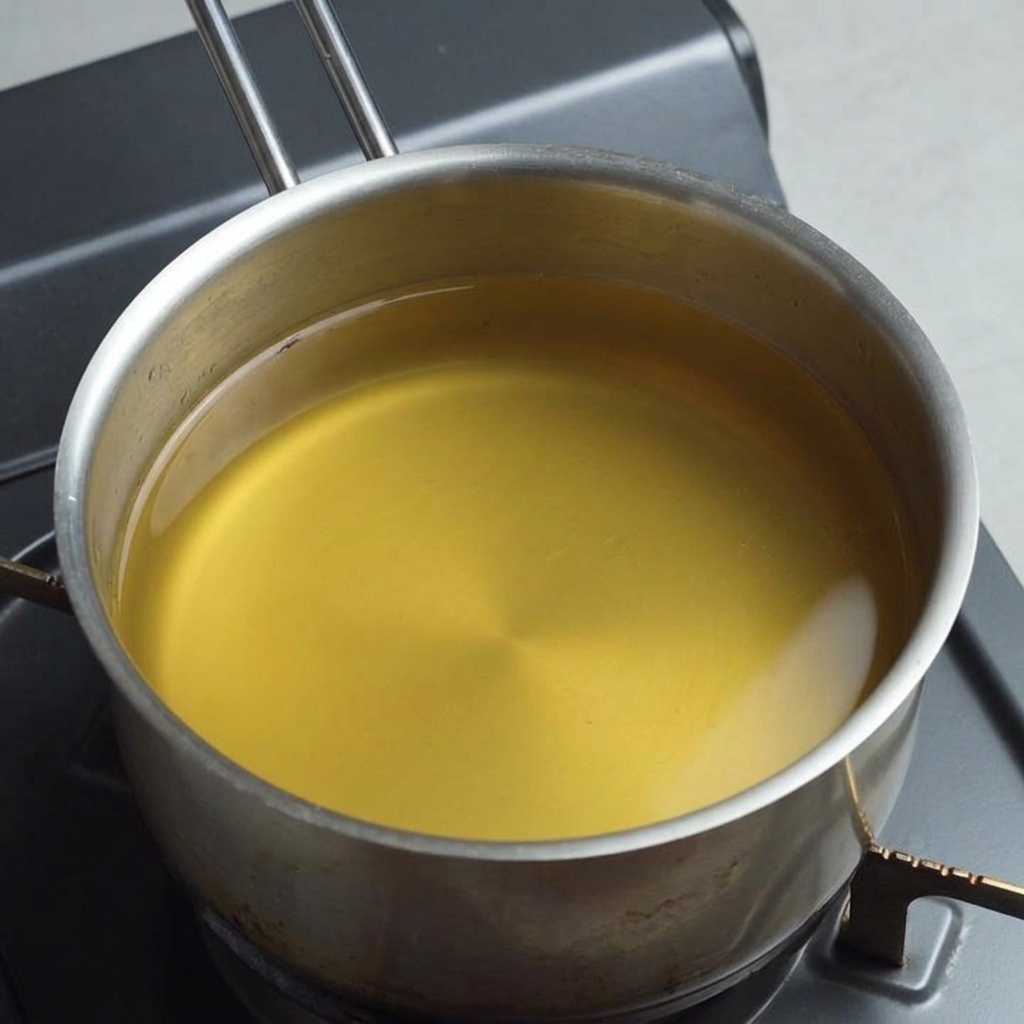 Un cazo de acero inoxidable con caldo claro sobre una placa de cocina.