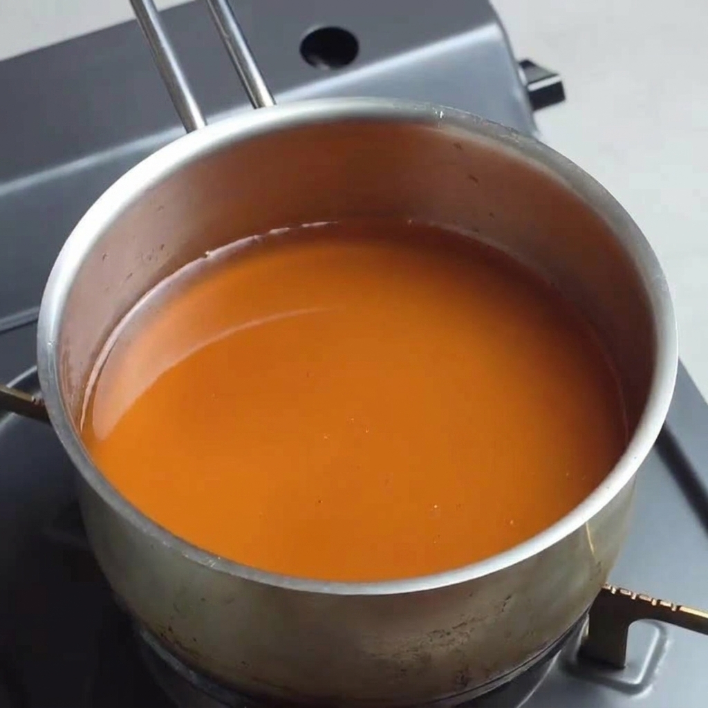 Un cazo que contiene una base de sopa de ramen color ámbar oscuro hirviendo a fuego medio.