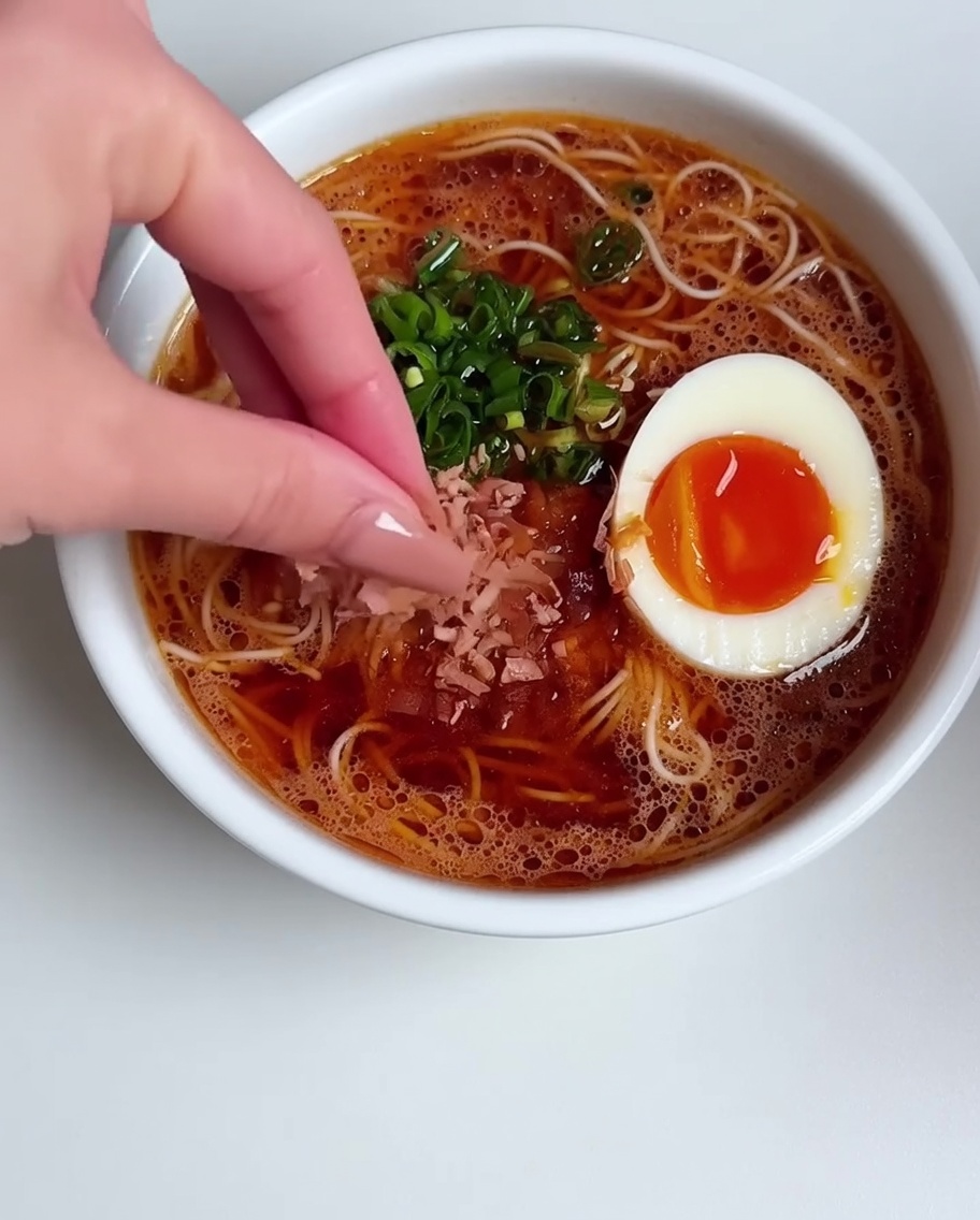 Vista cenital del cuenco de ramen preparado, con un huevo pasado por agua y cebolletas, mientras una mano espolvorea copos de bonito secos por encima.