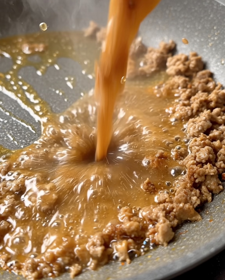 Agua vertiéndose en la sartén para combinar con la mezcla de carne sazonada.