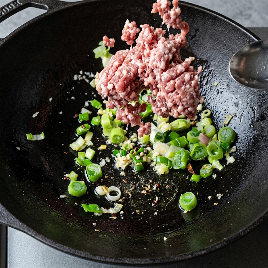 Cerdo picado siendo añadido al wok y mezclado con el sofrito.
