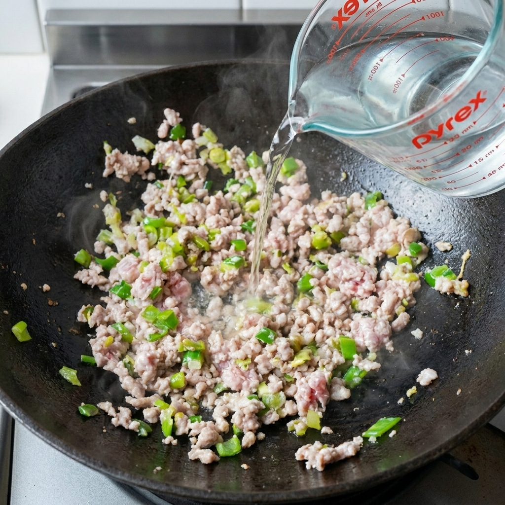 Agua siendo vertida en el wok sobre la carne.