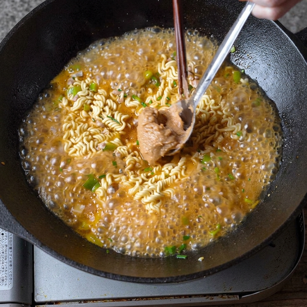 Cucharada de crema de cacahuete siendo disuelta en el caldo.