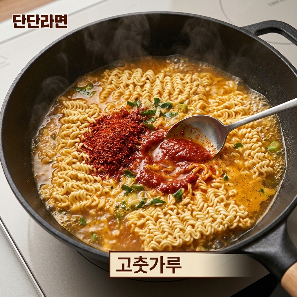 Chile en polvo siendo mezclado en el caldo de ramen.