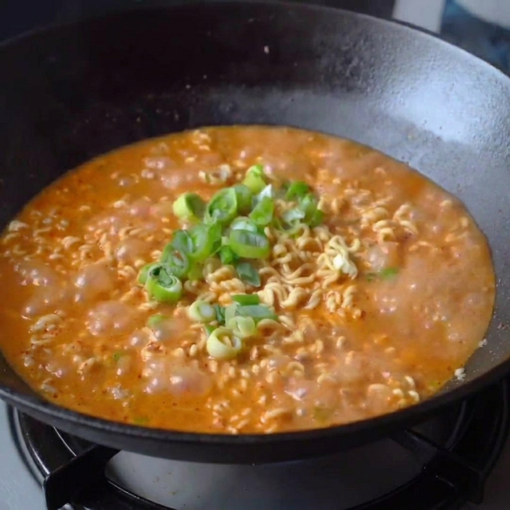 Un tazón de ramen terminado con cebollas verdes frescas encima.