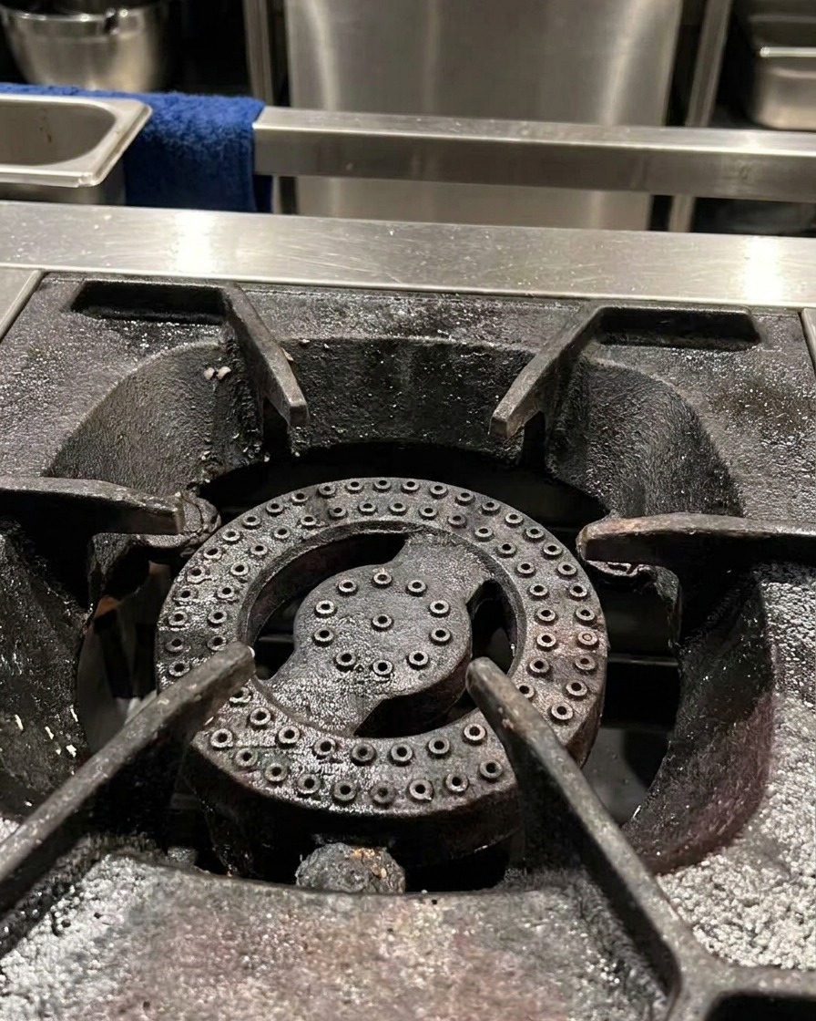 Primer plano de una olla metálica sobre el quemador de una estufa de gas encendido.