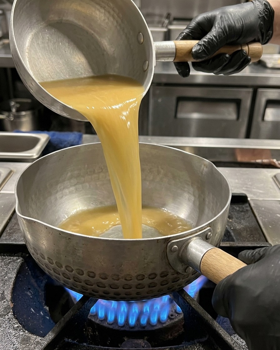 Caldo tonkotsu vertido en una olla, seguido de una cucharada de pasta de sésamo cremosa.