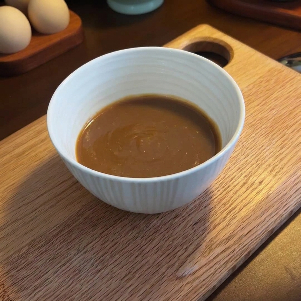 Una mezcla suave y cremosa de pasta de sésamo, mantequilla de cacahuete y miso en un bol blanco.