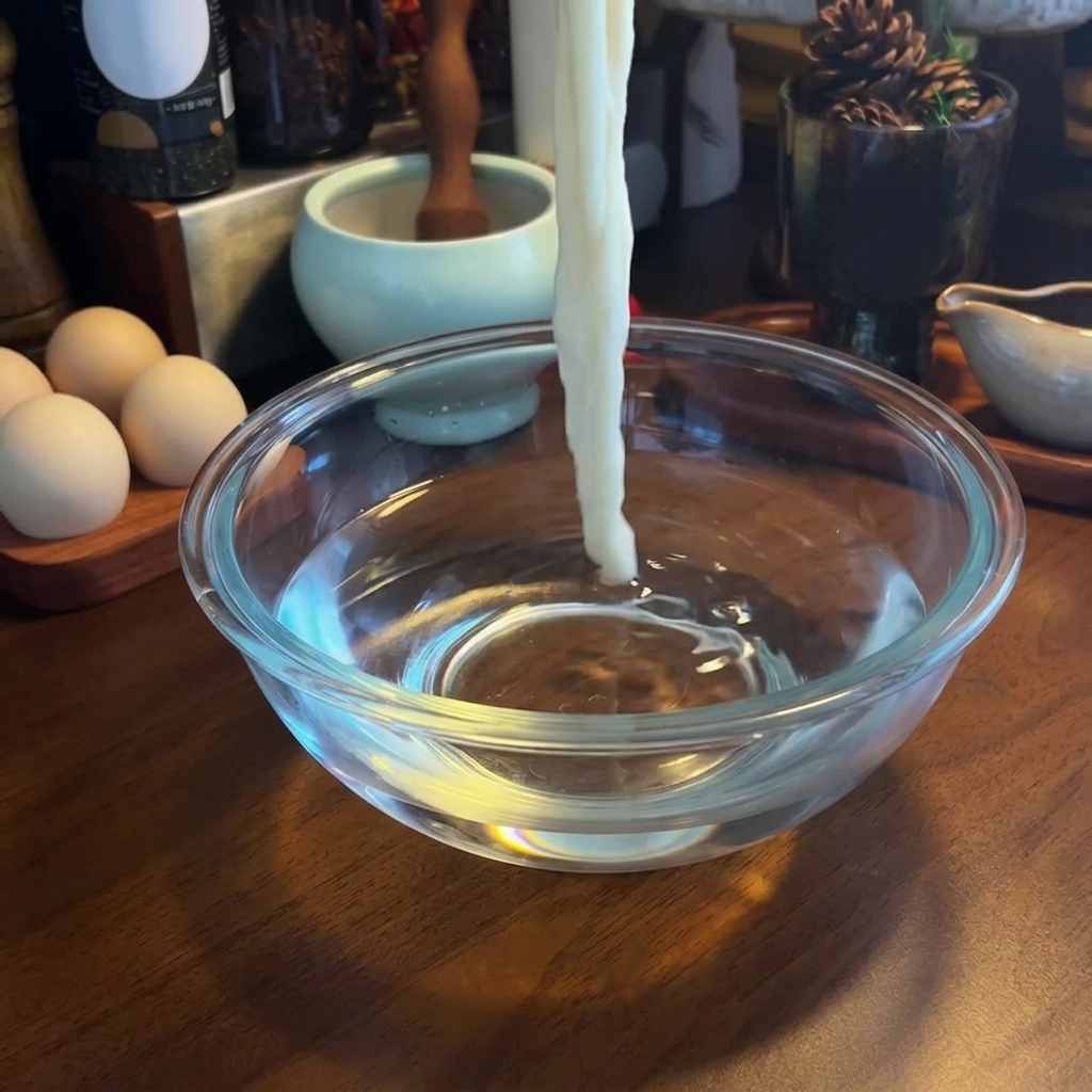 Fideos de ramen cocidos enjuagándose en un bol de cristal lleno de agua fría.