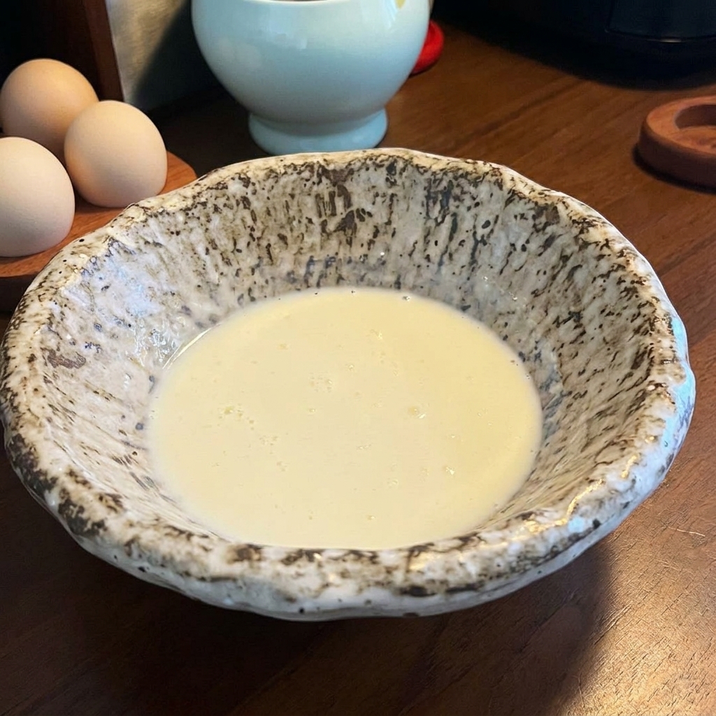 Un tazón para servir moteado lleno de un caldo cremoso y blanco lechoso hecho de leche de soja y pasta de miso disuelta.