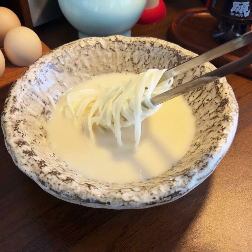 Fideos de ramen cocidos que se introducen en el caldo cremoso de leche de soja y miso utilizando palillos.