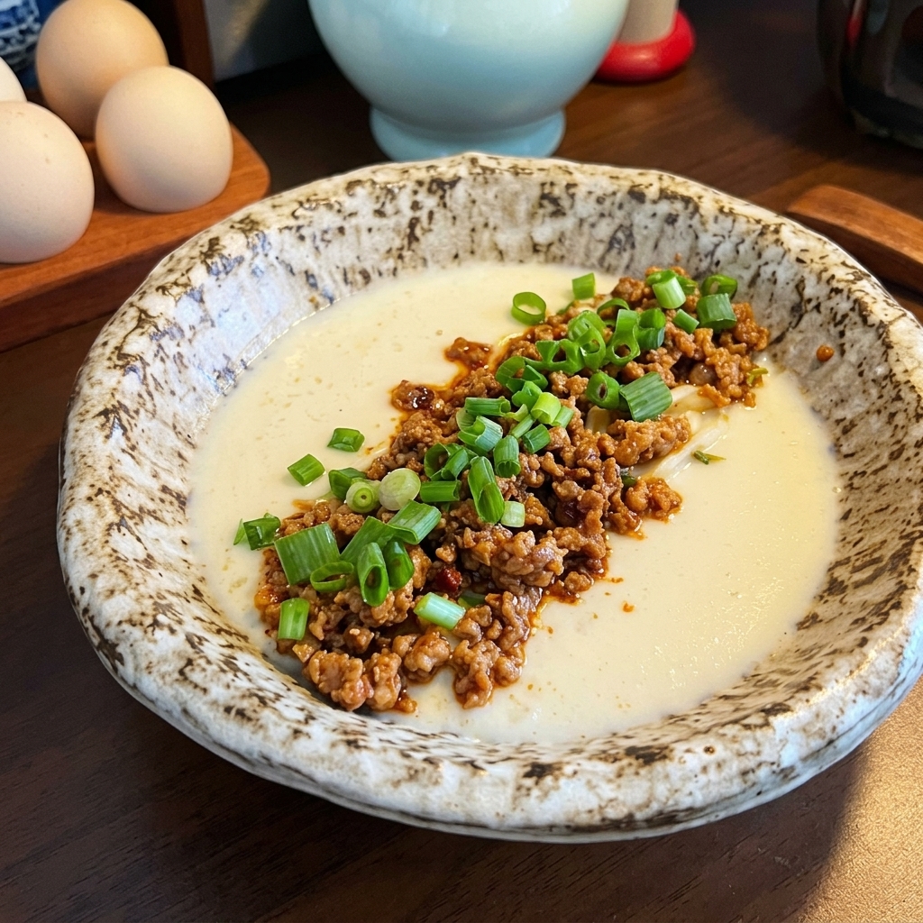 Un tazón de ramen cremoso coronado con un montículo de sabrosa carne de cerdo picada, cebolleta recién picada y un chorrito de aceite de chile rojo.