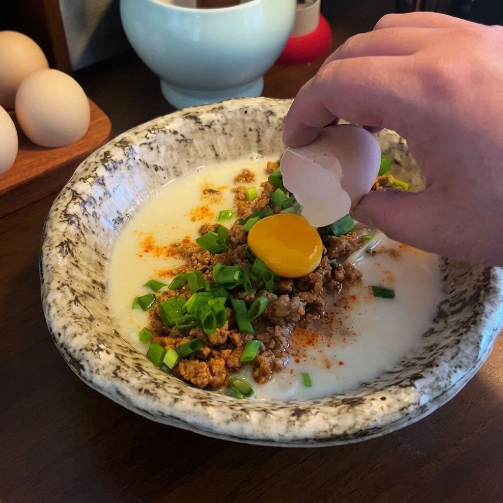 Una mano cascando un huevo fresco para dejar caer la yema dorada directamente sobre el centro del tazón de ramen preparado.