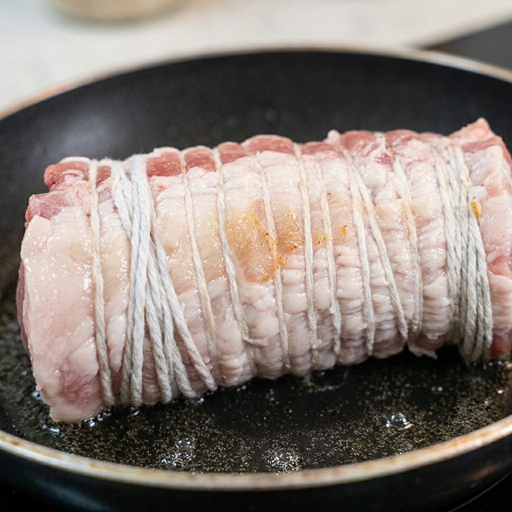Un rollo de panceta de cerdo atado siendo sellado en una sartén caliente hasta dorarse.