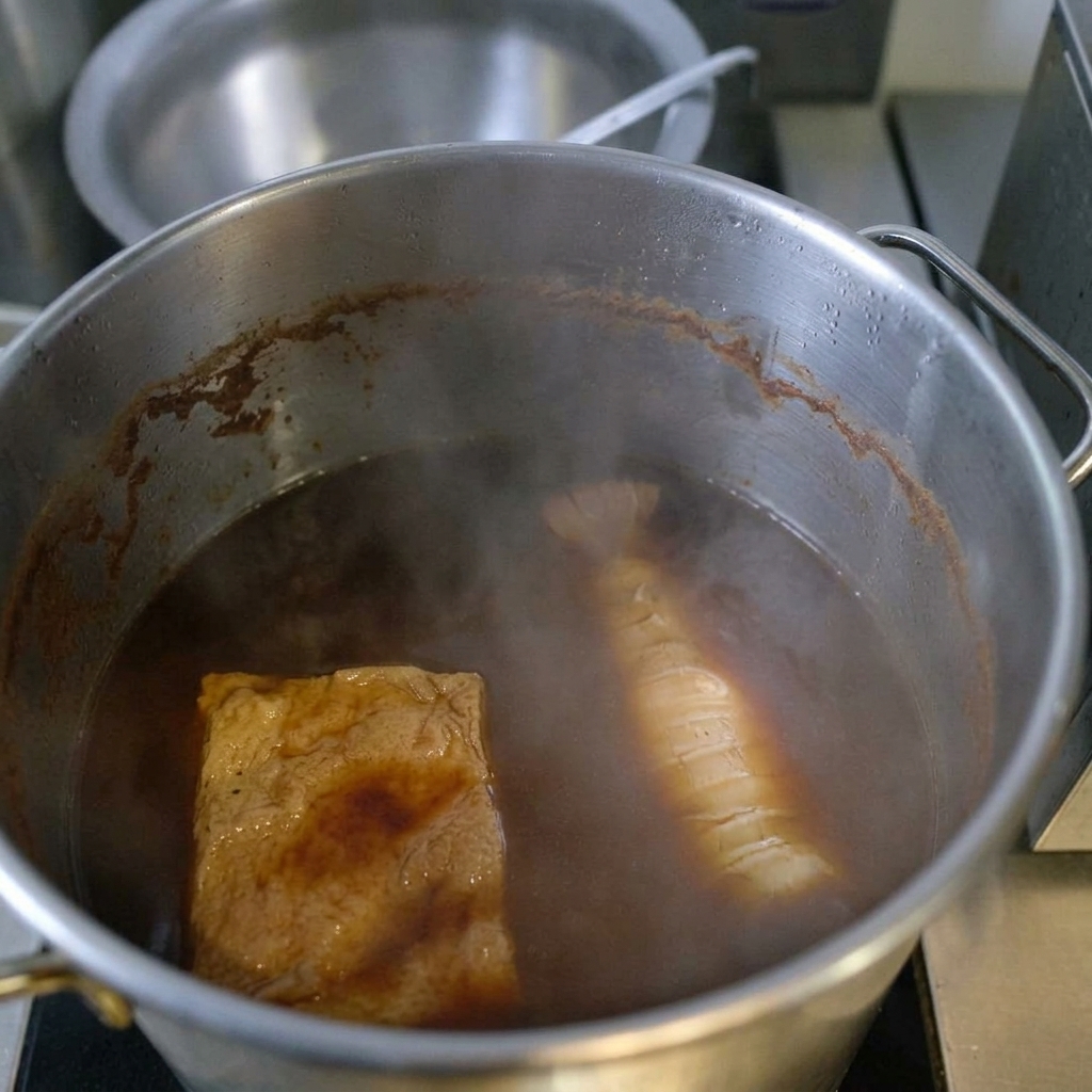 Rollo de cerdo sellado cocinándose a fuego lento en una salsa de chashu oscura y sabrosa en una olla metálica grande.