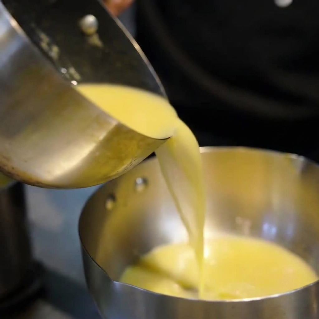 Pasta de miso artesanal siendo añadida a una cacerola con caldo caliente.
