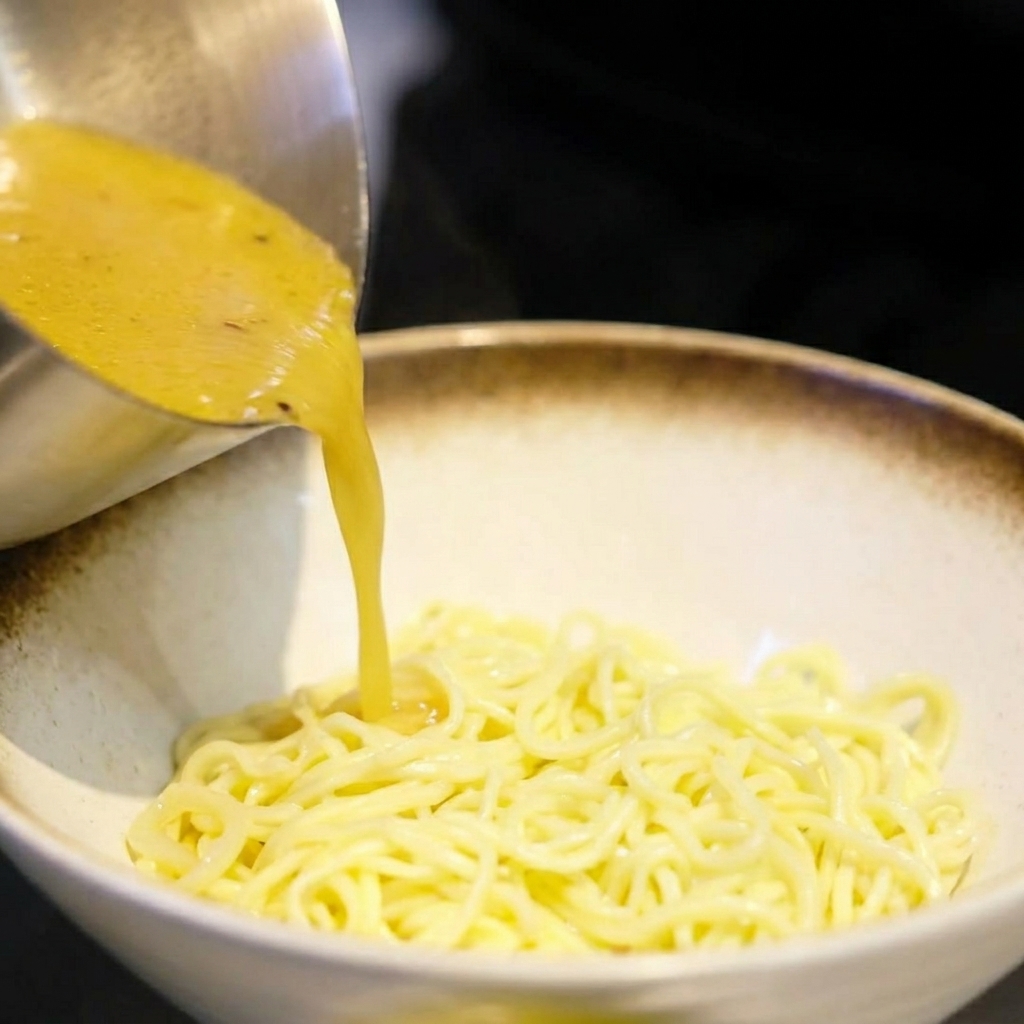 Primer plano de caldo de miso dorado y caliente siendo vertido con un cucharón de acero inoxidable en un cuenco con fideos ramen cocidos.