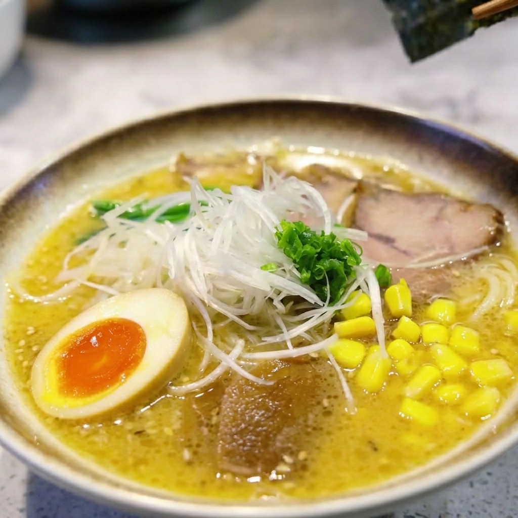 Vista cenital del cuenco de ramen de miso completo, con chashu en rodajas, un huevo pasado por agua cortado por la mitad, maíz amarillo vibrante y una montaña de cebollino fresco.