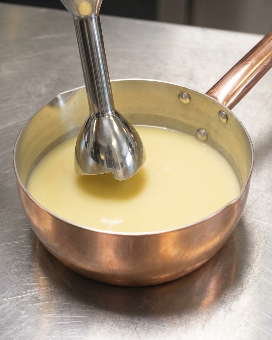 Una batidora de mano dentro de una olla de cobre llena de cremoso caldo de pollo.