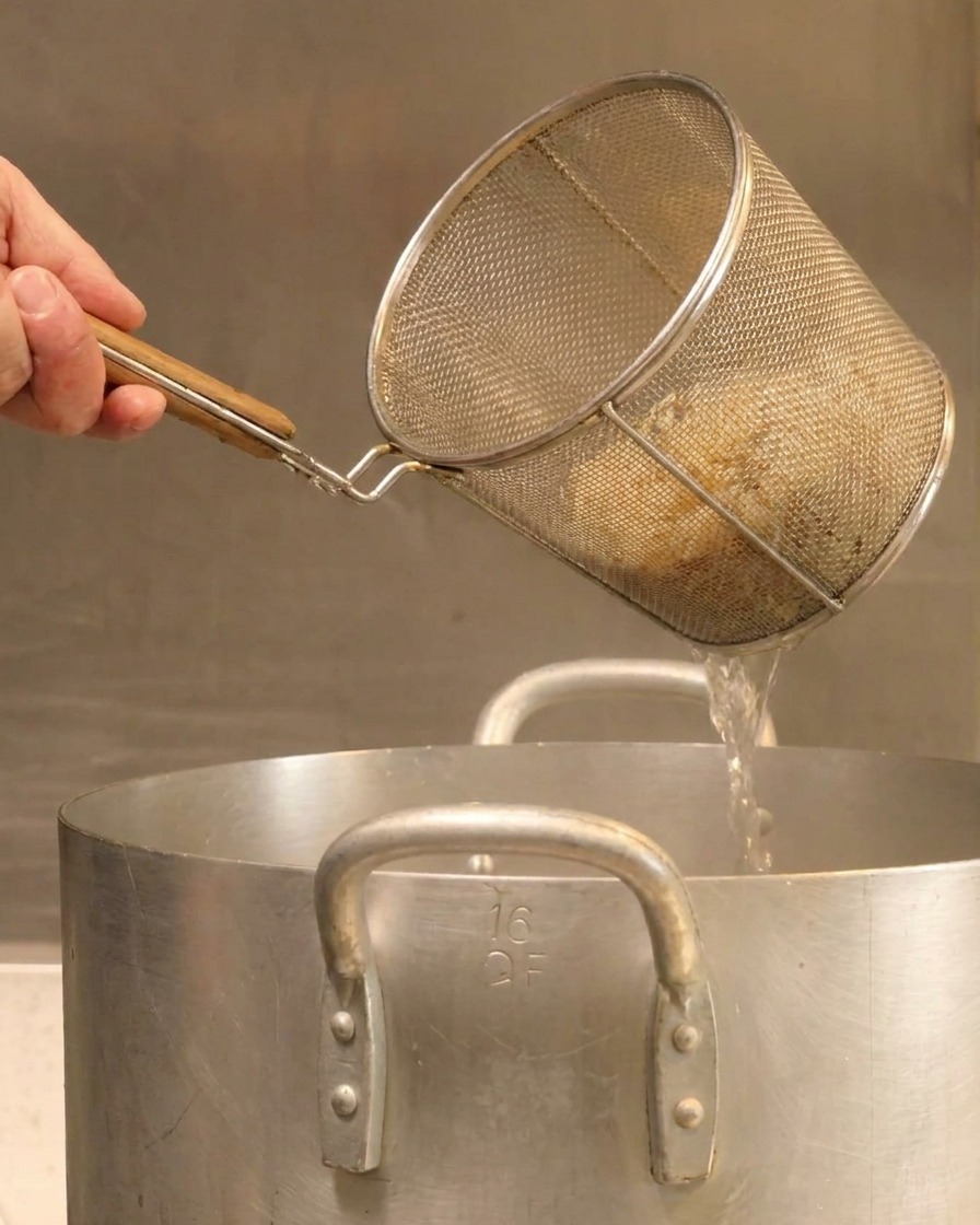 Una mano sosteniendo una cesta de alambre para fideos sobre una olla grande, sacudiendo el agua hirviendo.