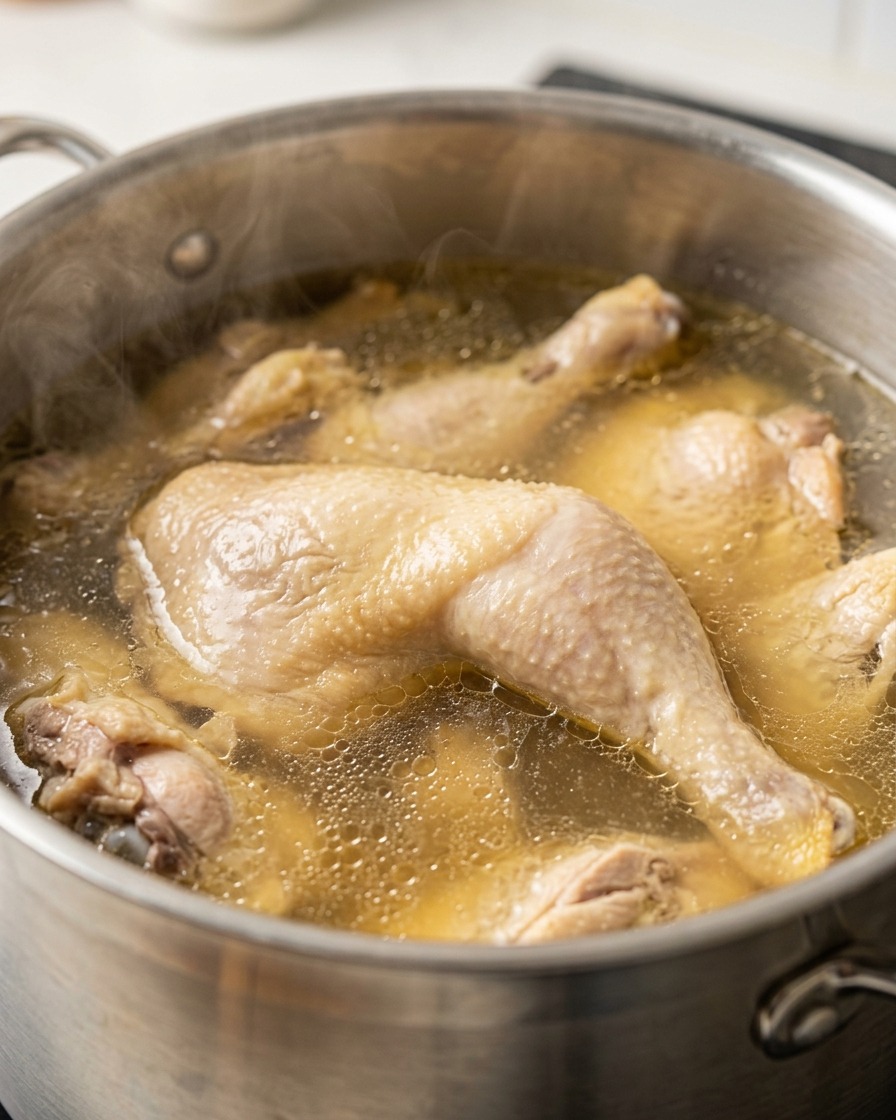 Trozos de pollo hirviendo en una olla grande sobre la estufa.