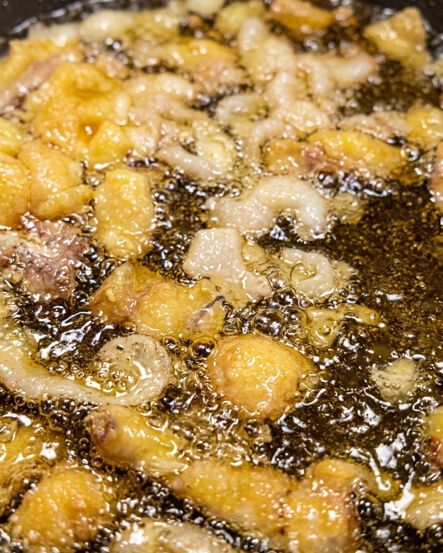 Pieles de pollo friéndose en una sartén a fuego lento para liberar la grasa.