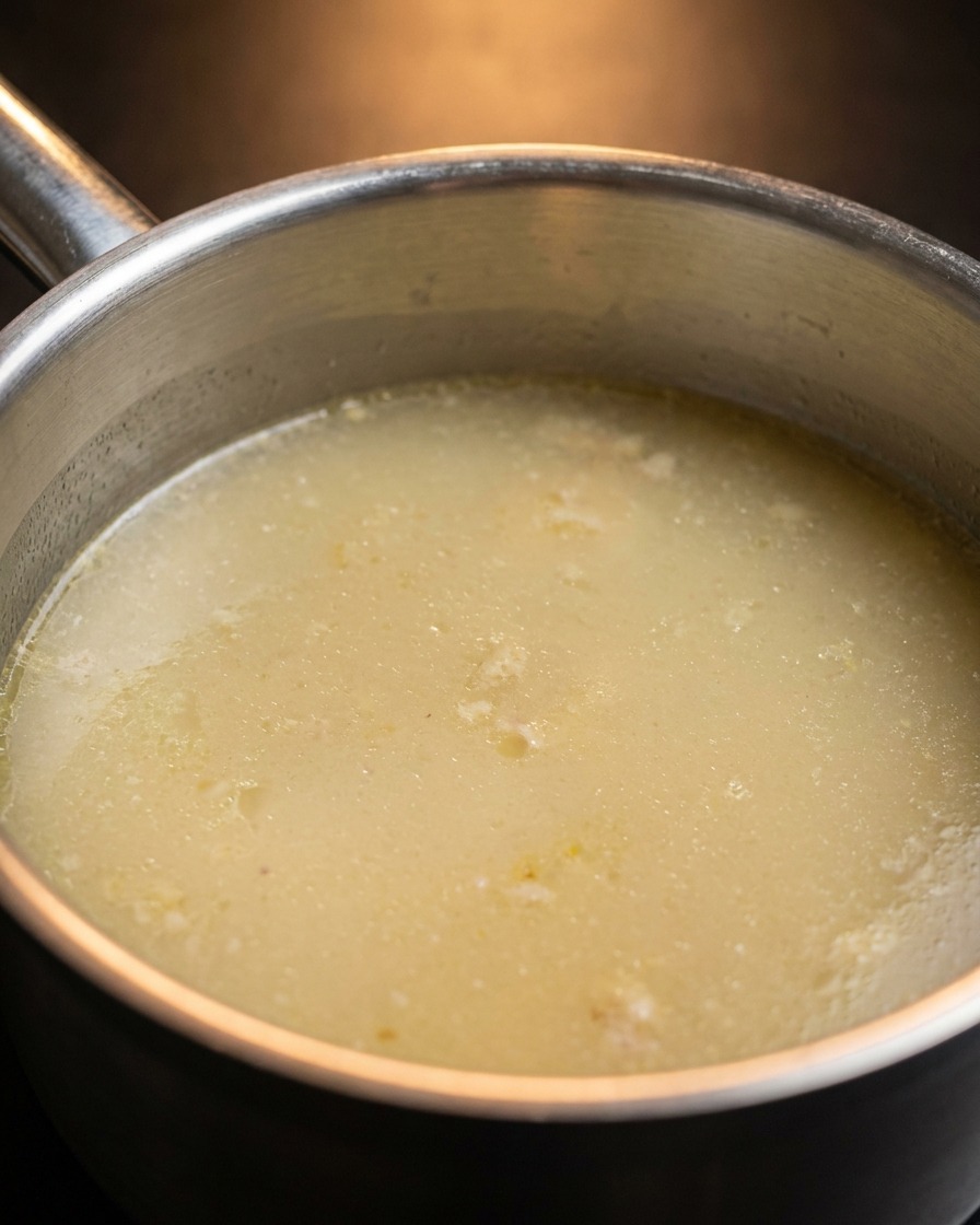 Puré de carne de pollo mezclándose en una olla con caldo de pollo hirviendo.