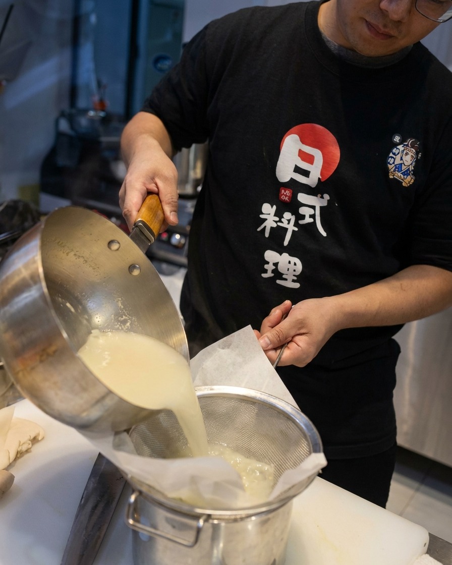 La base de sopa de pollo blanca y lechosa filtrándose a través de un colador forrado con papel hacia una olla de acero inoxidable.