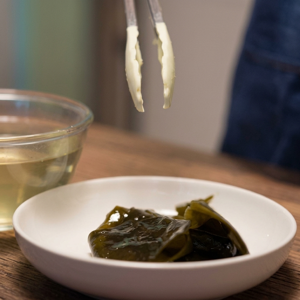 Agua infusionada con kombu siendo vertida en una olla de cristal sobre una superficie de madera.