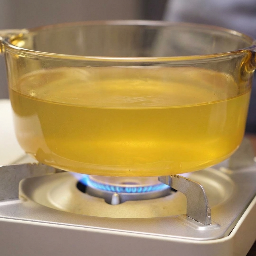 Unas pinzas retirando tiras de kombu cocinado de una olla de caldo hirviendo a fuego lento.
