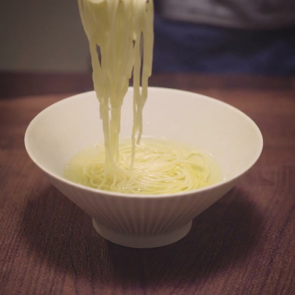 Un par de palillos bajando un nido de fideos ramen finos cocidos en un tazón lleno de caldo claro y dorado.