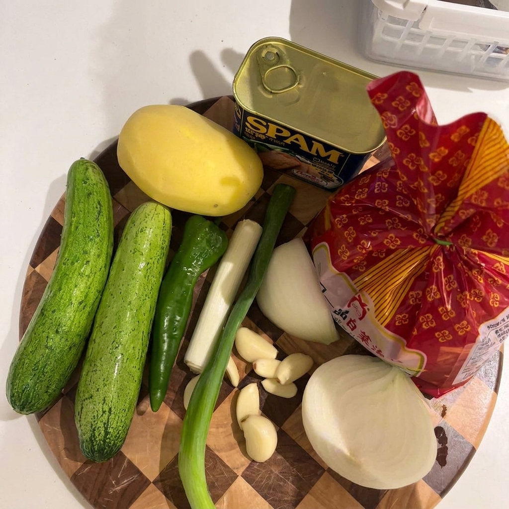 Partes de pollo, una manzana, cebolla, cebolleta y jengibre en la olla a presión.