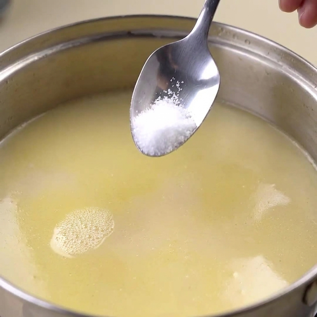 Una cuchara metálica pequeña con sal siendo introducida en una olla con caldo de pollo cremoso.