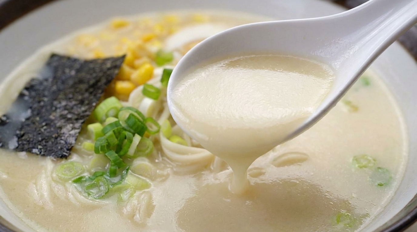 Un tazón de ramen de pollo con caldo blanco cremoso cubierto con maíz, algas y cebolletas.