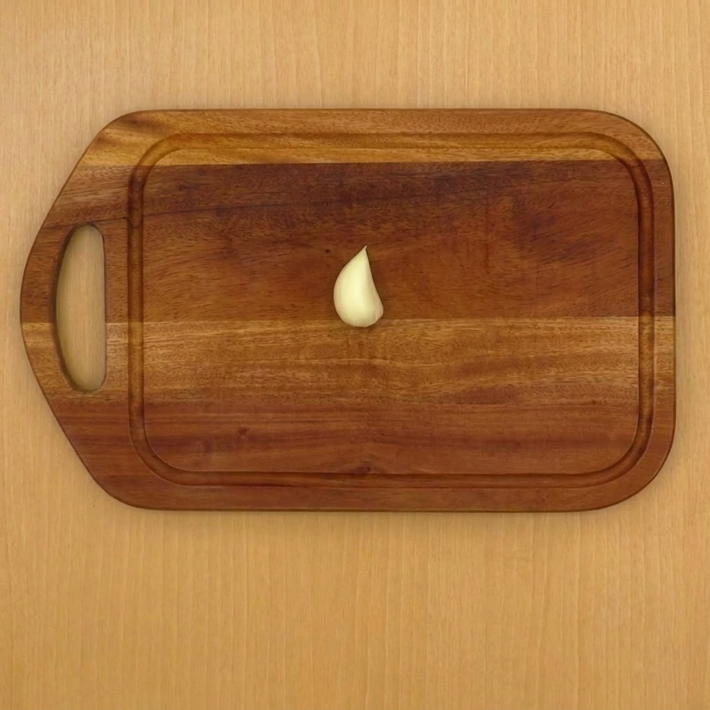 Un diente de ajo siendo aplastado sobre una tabla de madera con un cuchillo.