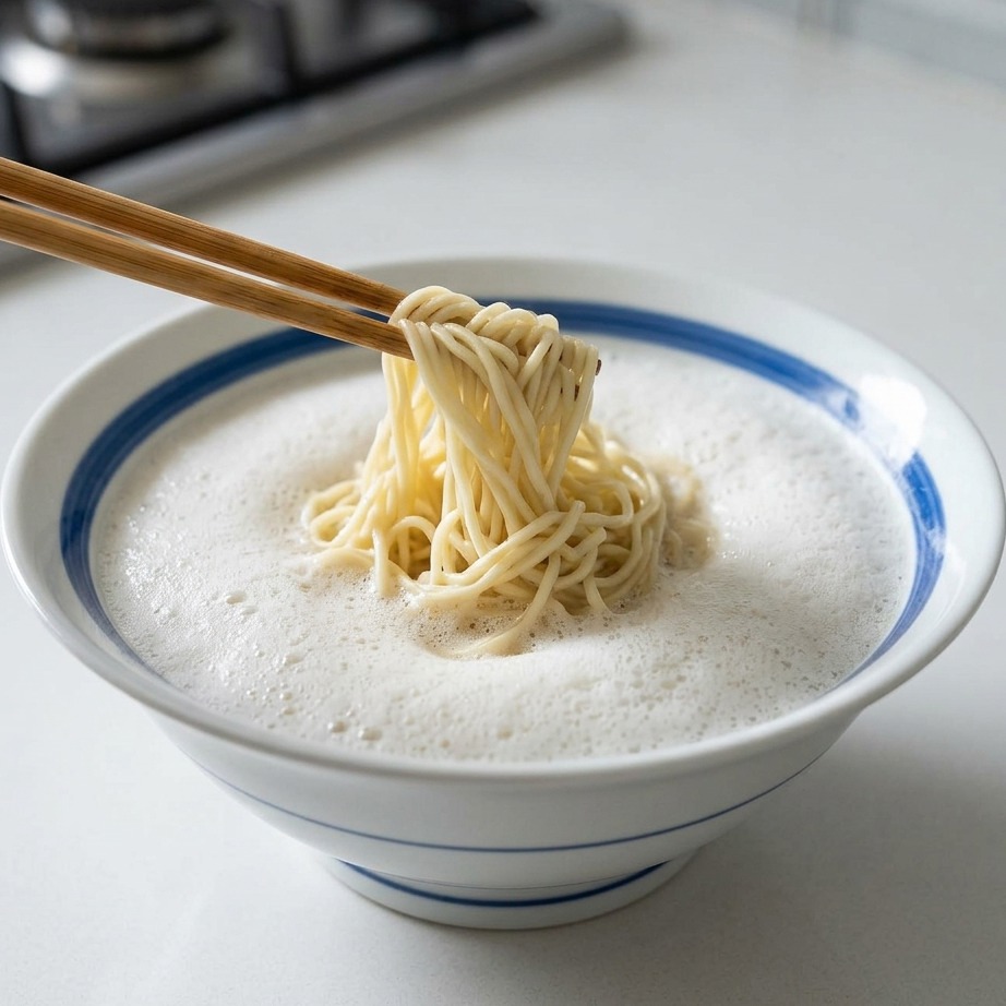 Un tazón de ramen siendo finalizado vertiendo el caldo de pollo cremoso caliente sobre los fideos.