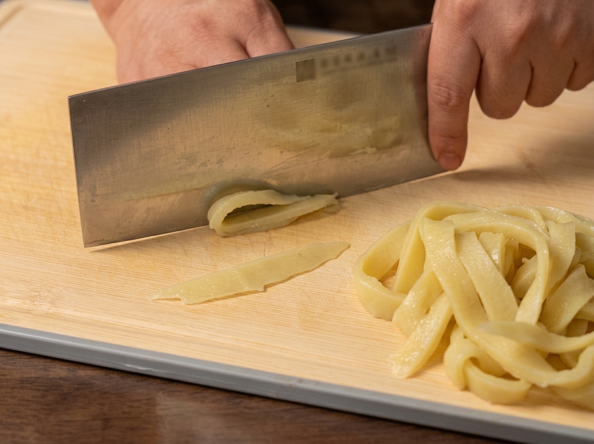 Un cuchillo grande cortando una lámina doblada de masa cocida en fideos anchos y gruesos sobre una tabla de madera.