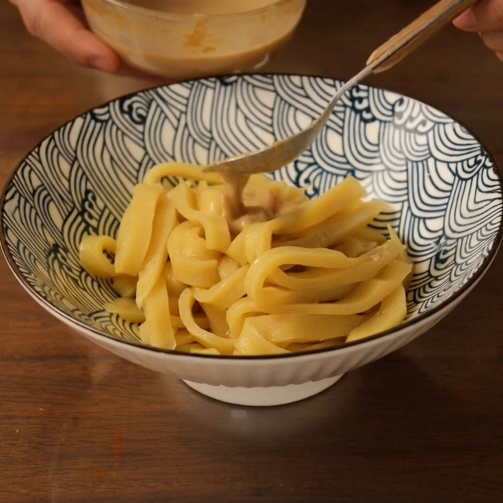 Una cuchara vertiendo salsa cremosa de tahini y mostaza sobre un tazón de fideos frescos de corte grueso.