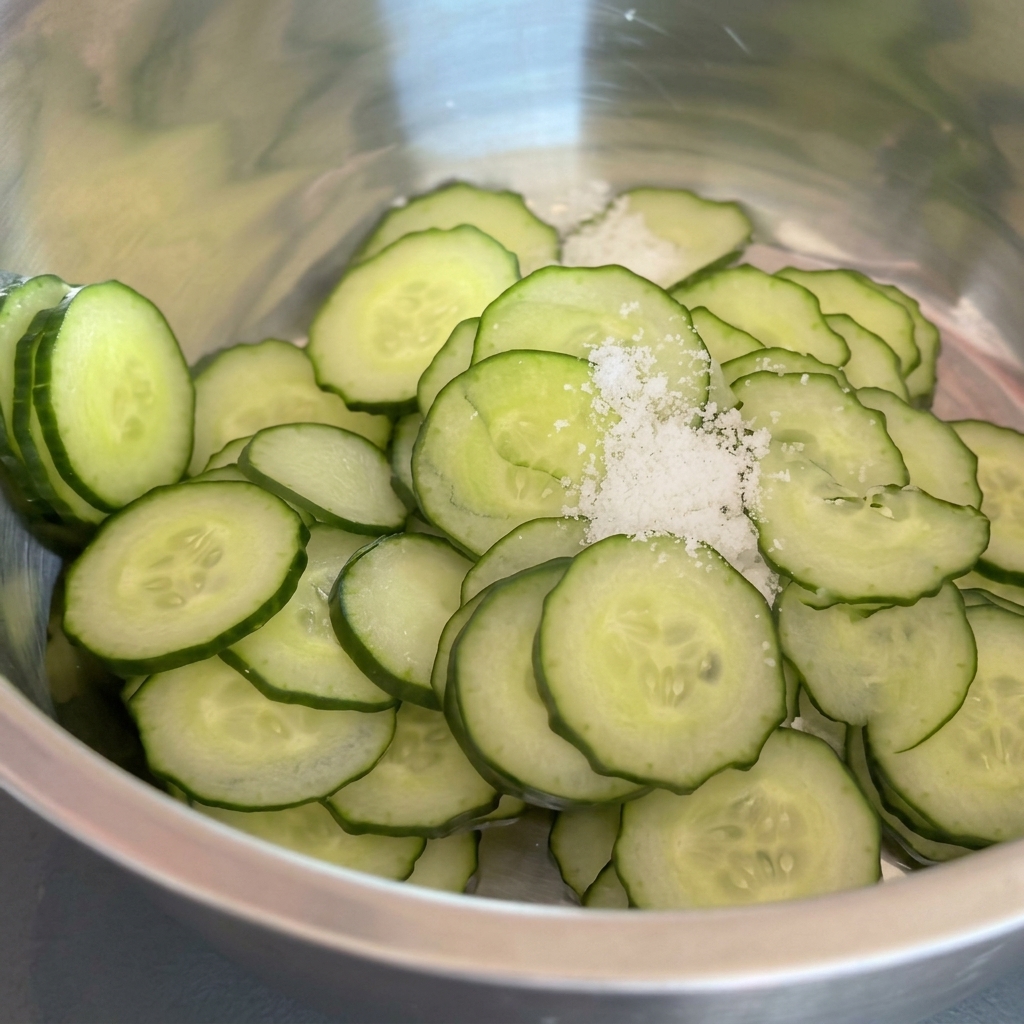 Rodajas de pepino siendo frotadas con sal en un tazón de metal.