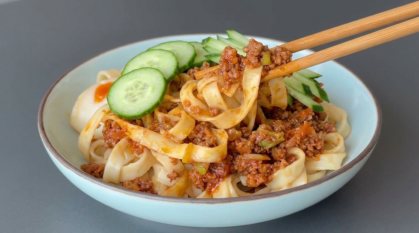 Un tazón de fideos Danzai taiwaneses cubiertos con cerdo picado salado y pepino fresco.
