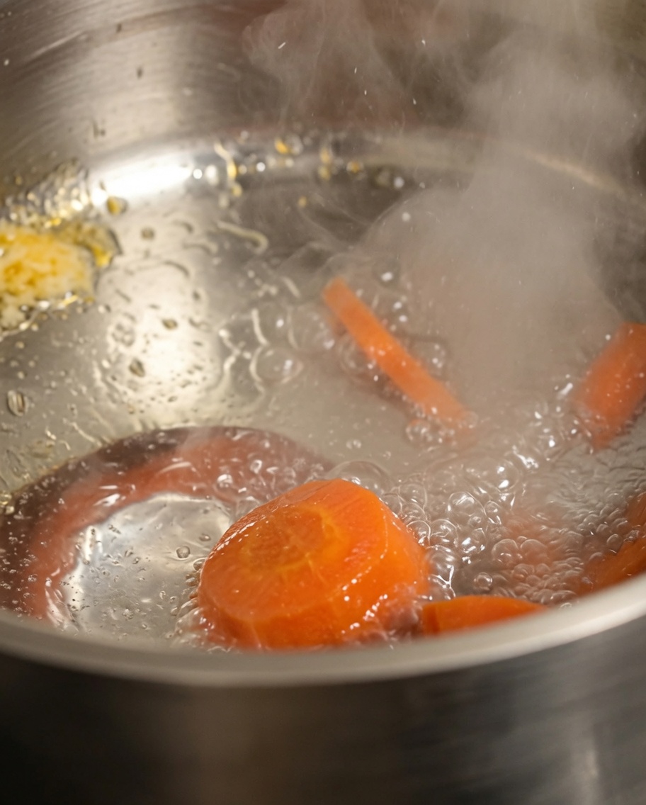 Rodajas de zanahoria cociéndose en una olla con agua hirviendo.