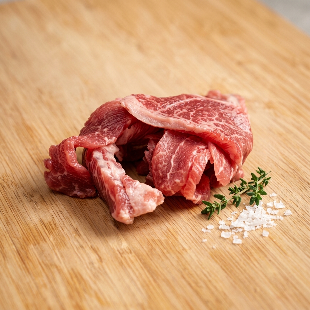 Carne de cerdo veteada siendo picada con un cuchillo grande.
