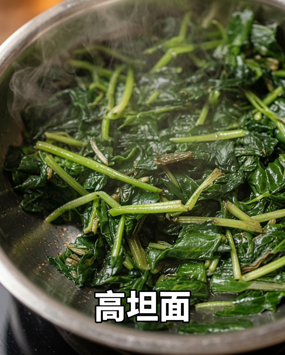 Un tazón que contiene tiras de fideos recién cortadas cubiertas con una porción de vibrantes espinacas verdes blanqueadas.